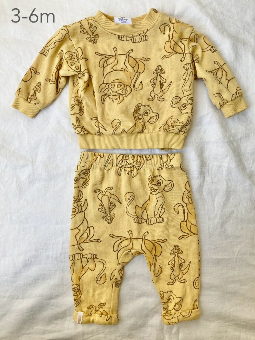 💙2/$25 Disney 3-6 Months Baby Lion King Yellow Crewneck Sweatshirt Pants Set